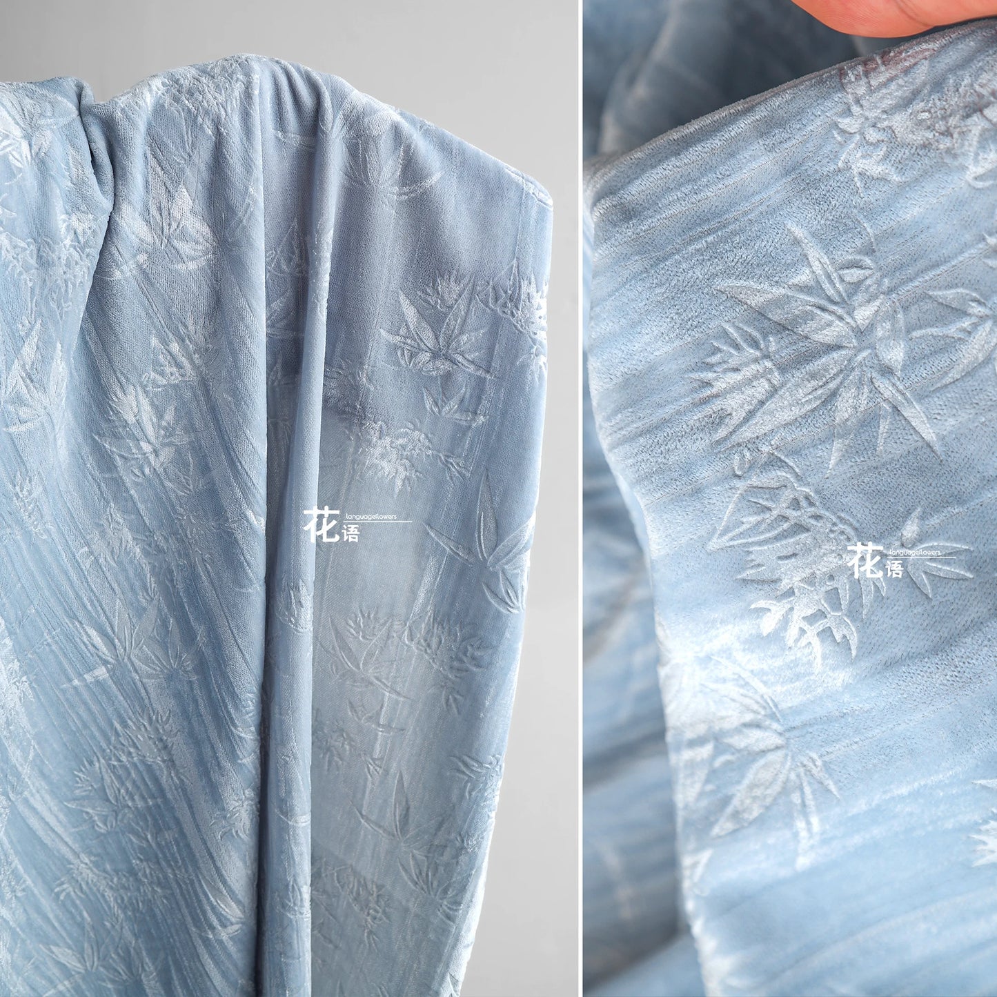Blue bamboo forest, velvet embossed polyester jacquard cloth, pleated relief Chinese style cheongsam clothing designer fabric