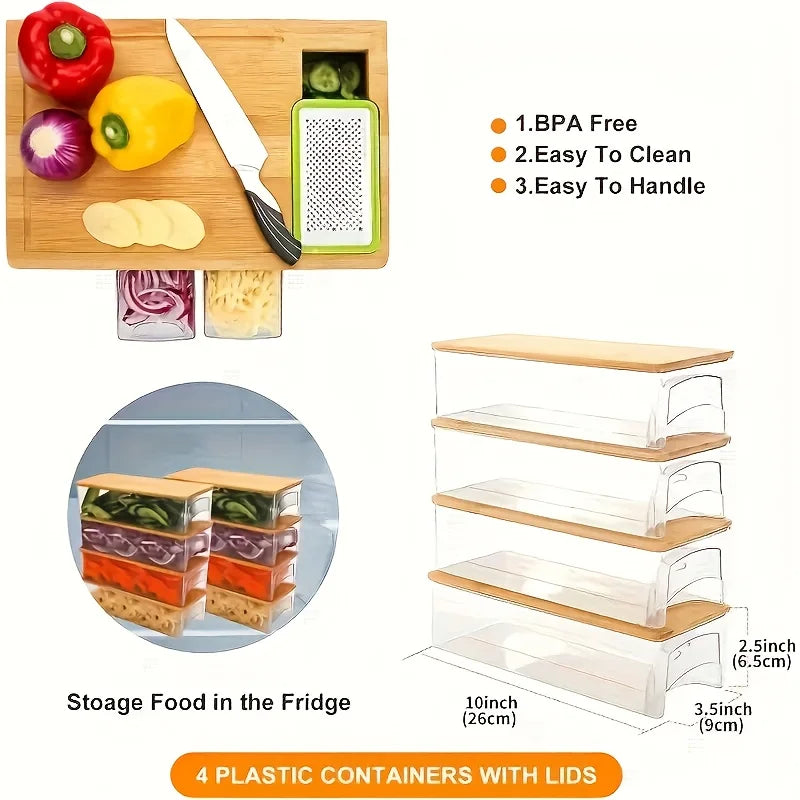 Kitchen Chopping Bamboo Cutting Board Set with Container & Vegetable Grater Drawer Style Multifunctional Household Kitchen Tools