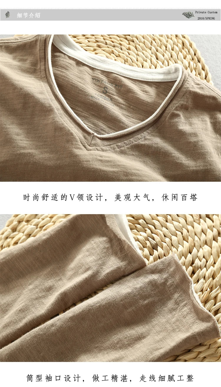 Men Spring Autumn Fashion Brand China Style Bamboo Cotton Fake Two Pieces V-neck Long Sleeve T-shirt Male Casual Thin Tee Tshirt