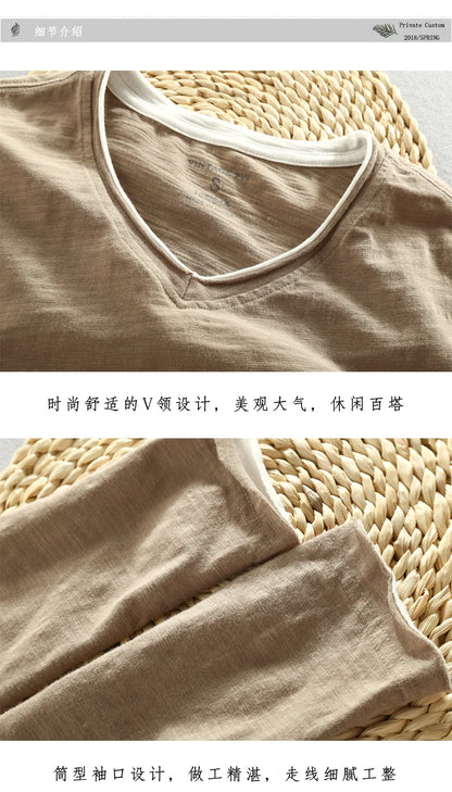 Men Spring Autumn Fashion Brand China Style Bamboo Cotton Fake Two Pieces V-neck Long Sleeve T-shirt Male Casual Thin Tee Tshirt