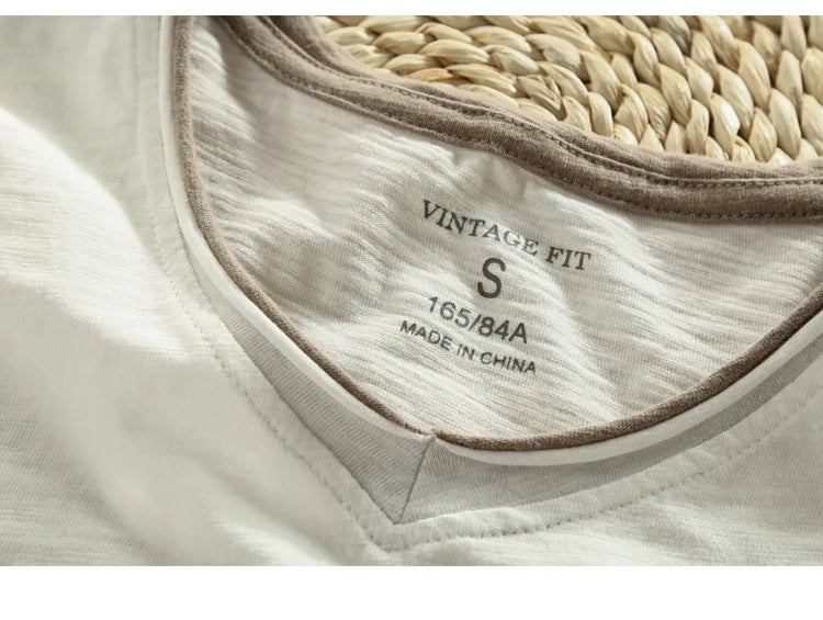 Men Spring Autumn Fashion Brand China Style Bamboo Cotton Fake Two Pieces V-neck Long Sleeve T-shirt Male Casual Thin Tee Tshirt