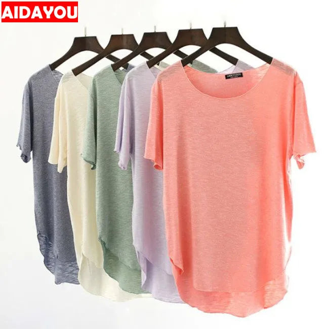 Women Bamboo  T-shirt Round Neck Solid Color Summer Tshirt Girl Cooling Short-sleeved Floral Casual Ouc365a