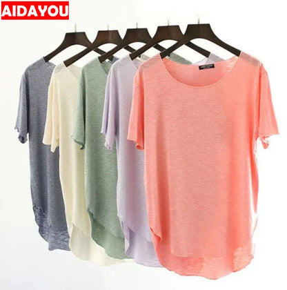 Women Bamboo  T-shirt Round Neck Solid Color Summer Tshirt Girl Cooling Short-sleeved Floral Casual Ouc365a