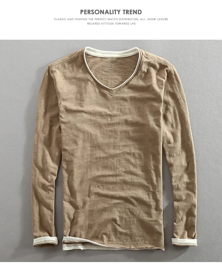 Men Spring Autumn Fashion Brand China Style Bamboo Cotton Fake Two Pieces V-neck Long Sleeve T-shirt Male Casual Thin Tee Tshirt