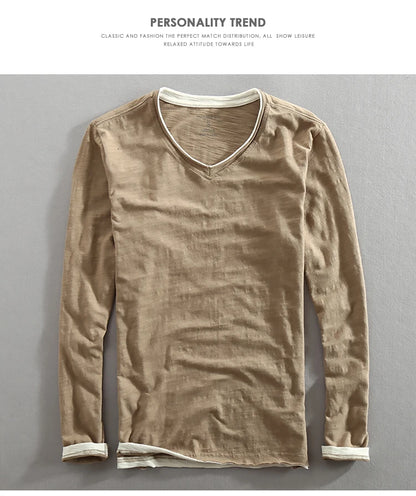 Men Spring Autumn Fashion Brand China Style Bamboo Cotton Fake Two Pieces V-neck Long Sleeve T-shirt Male Casual Thin Tee Tshirt