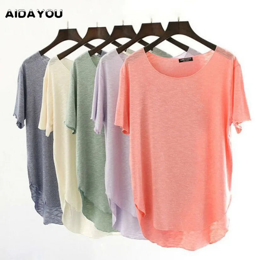 Women Bamboo  T-shirt Round Neck Solid Color Summer Tshirt Girl Cooling Short-sleeved Floral Casual Ouc365a