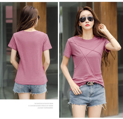 Fashion Spring Summer Slim Bamboo Cotton T-Shirts Women O-Neck Short Sleeve Korean Ribbed T Shirt Female Casual Solid Tops