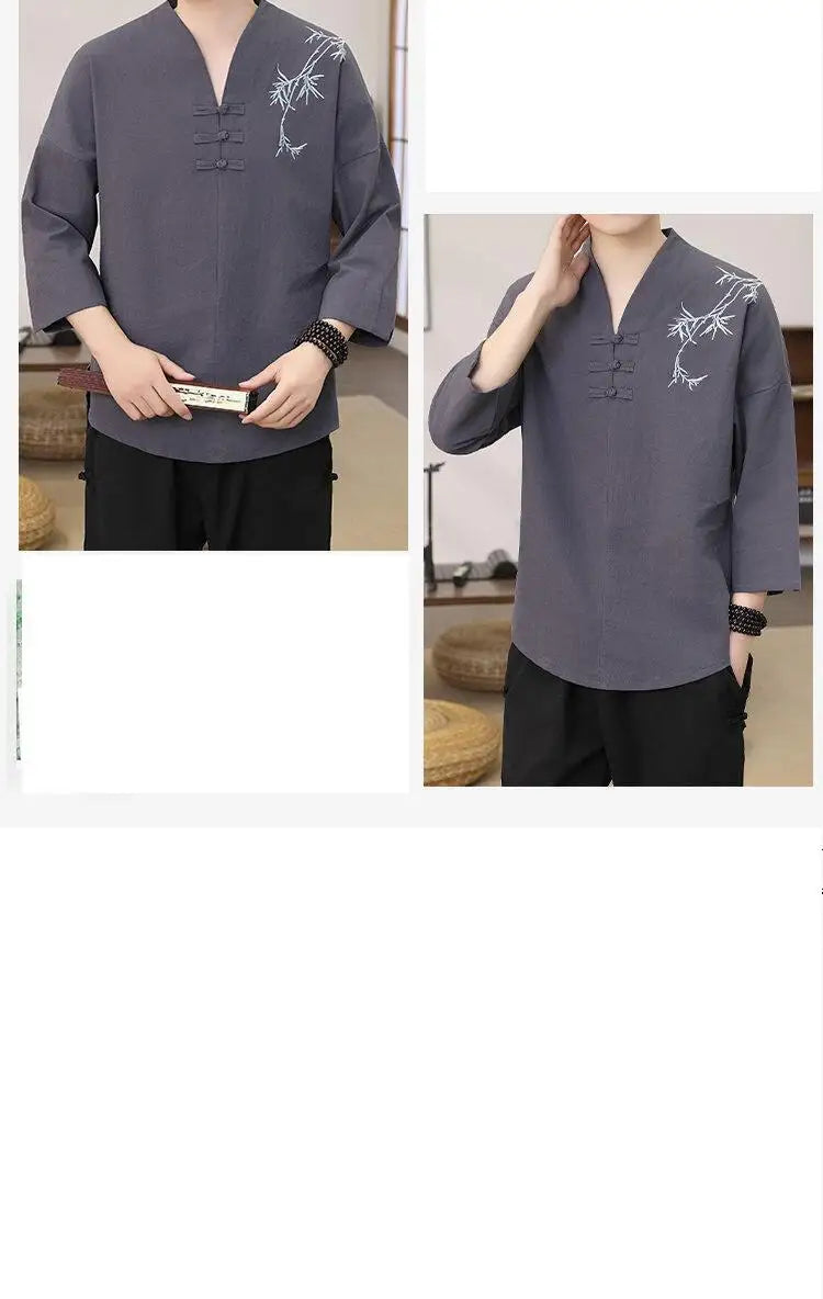 Men's Stylish Loose-Fit Bamboo Leaf Embroidered Zen Robe Traditional Chinese Kung Fu Meditation Breathable Elegant Clothing