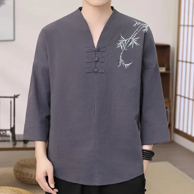 Men's Stylish Loose-Fit Bamboo Leaf Embroidered Zen Robe Traditional Chinese Kung Fu Meditation Breathable Elegant Clothing