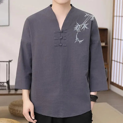 Men's Stylish Loose-Fit Bamboo Leaf Embroidered Zen Robe Traditional Chinese Kung Fu Meditation Breathable Elegant Clothing