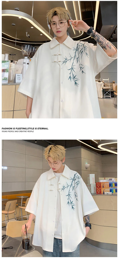 Bamboo Embroidery Shirts Men Summer Male Handsome Chic Fashion Ins High Street Half-sleeve Cool Casual Baggy New Shirt 5XL-M