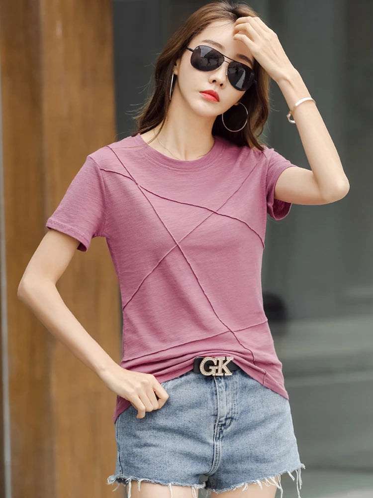Fashion Spring Summer Slim Bamboo Cotton T-Shirts Women O-Neck Short Sleeve Korean Ribbed T Shirt Female Casual Solid Tops