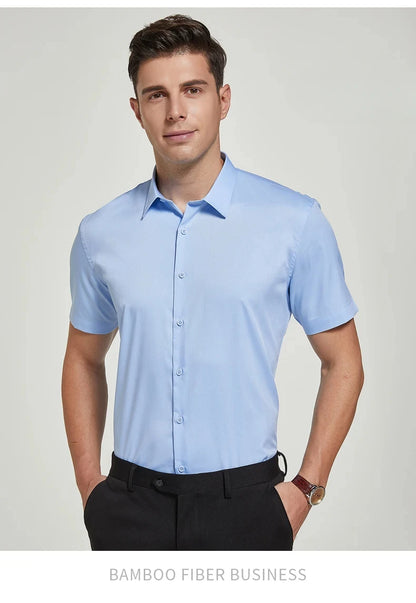 Bamboo Fiber Men Short Stretch Solid Dress Shirts Regular Fit Formal Business Social Camisas Short Sleeve Bamboo Fiber