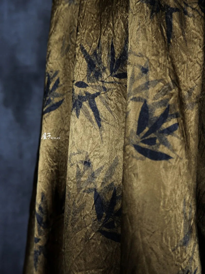Bamboo Leaf Acetate Silk Printed Fabric New Chinese Fashion High Quality Vertical Womens Dresses Hanfu Pants DIY Design Cloth