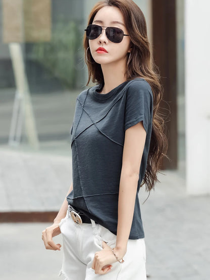 Fashion Spring Summer Slim Bamboo Cotton T-Shirts Women O-Neck Short Sleeve Korean Ribbed T Shirt Female Casual Solid Tops