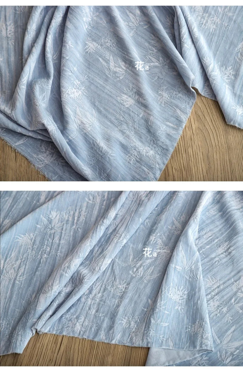 Blue bamboo forest, velvet embossed polyester jacquard cloth, pleated relief Chinese style cheongsam clothing designer fabric