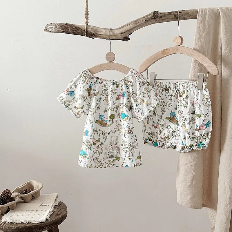 Summer Bamboo Cotton Breathable Kids Girls 2pcs Suit Full Print Cartoon Print T-shirt and Shorts Cool Girls Sets Clothing