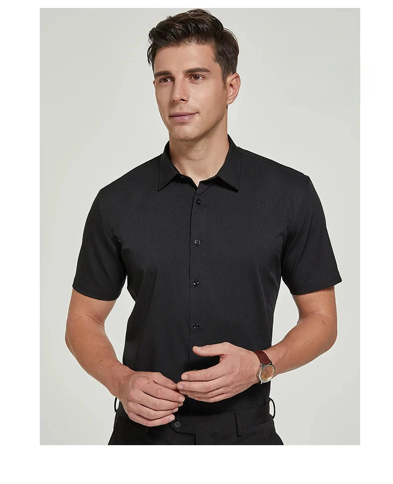 Bamboo Fiber Men Short Stretch Solid Dress Shirts Regular Fit Formal Business Social Camisas Short Sleeve Bamboo Fiber