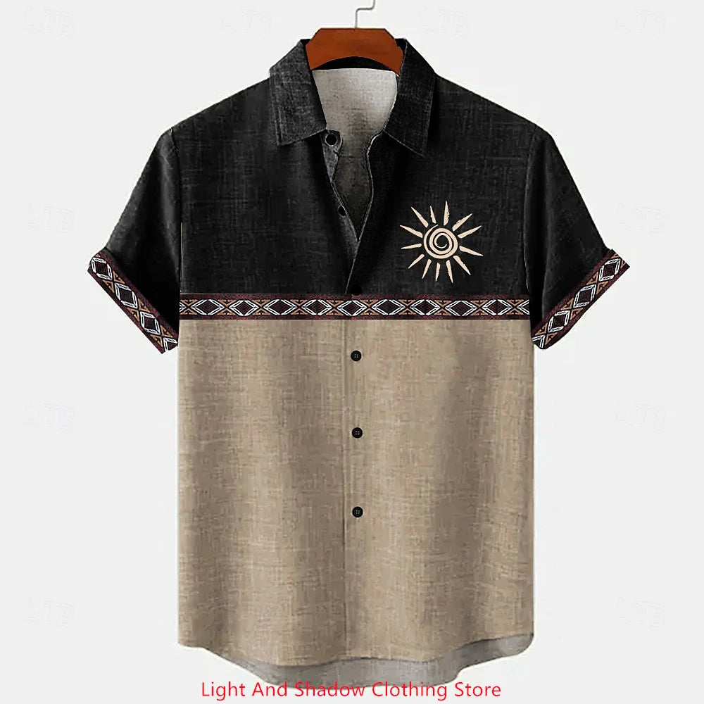 Men's ethnic clothing printed short sleeved shirt fashionable Hawaiian vacation party shirt bamboo hemp men's fashionable shirt