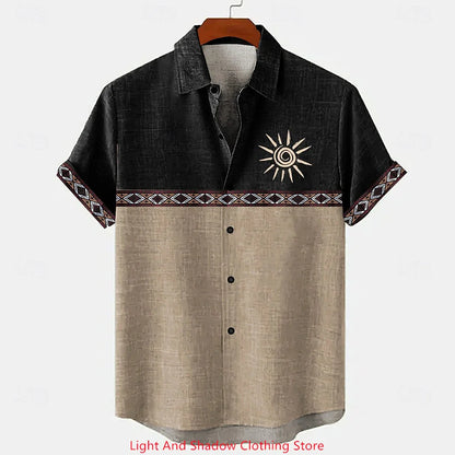Men's ethnic clothing printed short sleeved shirt fashionable Hawaiian vacation party shirt bamboo hemp men's fashionable shirt