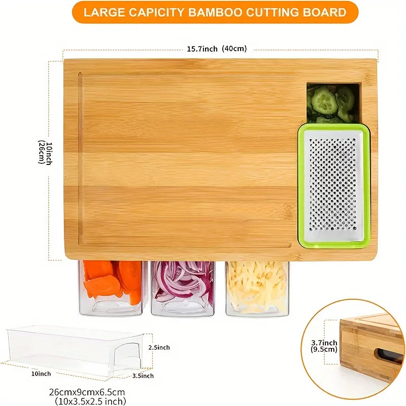 Kitchen Chopping Bamboo Cutting Board Set with Container & Vegetable Grater Drawer Style Multifunctional Household Kitchen Tools