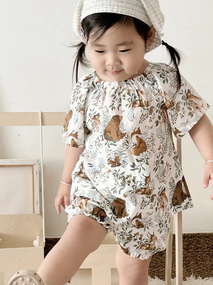 Summer Bamboo Cotton Breathable Kids Girls 2pcs Suit Full Print Cartoon Print T-shirt and Shorts Cool Girls Sets Clothing