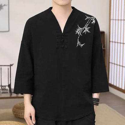 Men's Stylish Loose-Fit Bamboo Leaf Embroidered Zen Robe Traditional Chinese Kung Fu Meditation Breathable Elegant Clothing