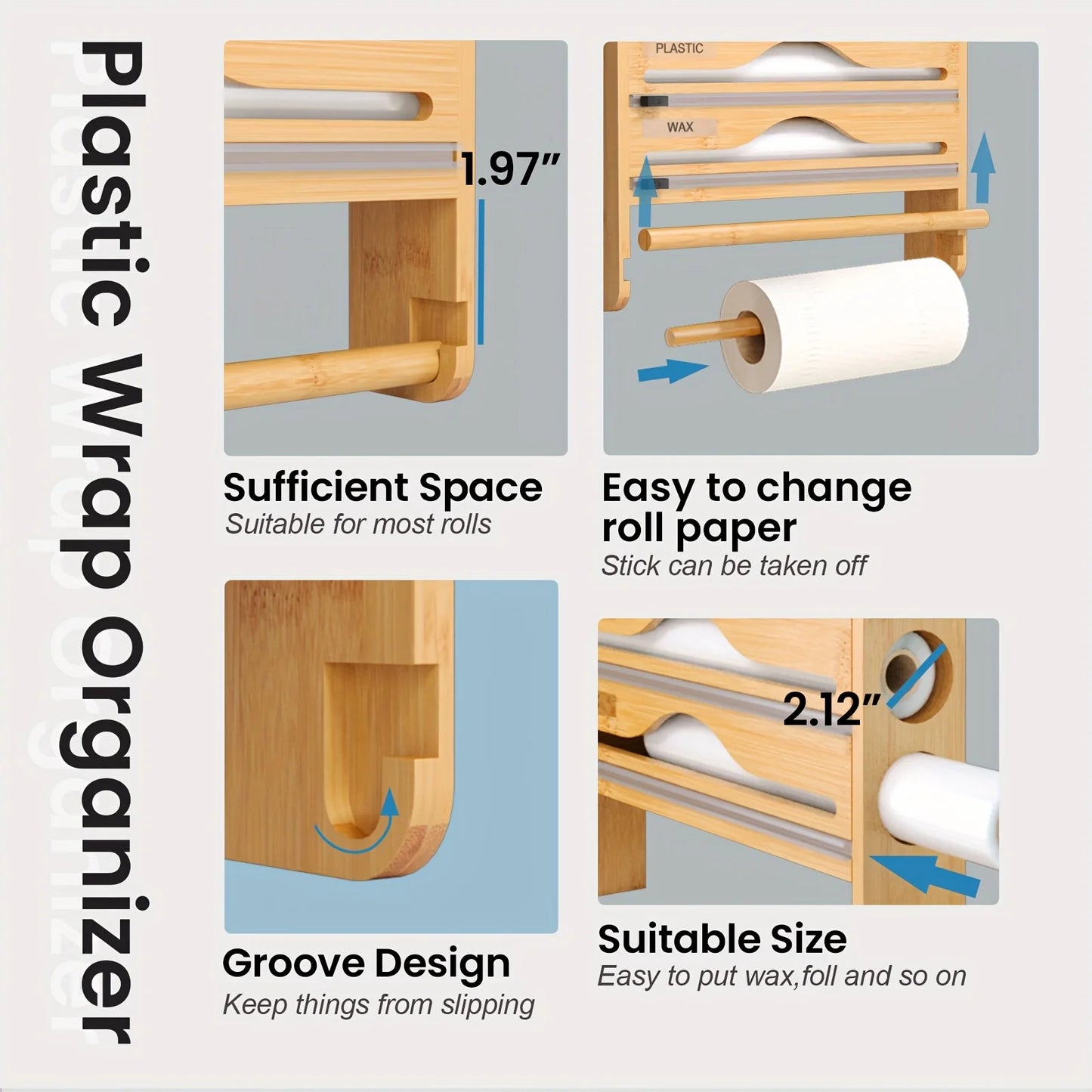 Bamboo 4-in-1 Wall Mount Foil & Plastic Wrap Organizer with Cutter - Kitchen Storage Solution for Wax Paper.