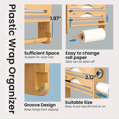 Bamboo 4-in-1 Wall Mount Foil & Plastic Wrap Organizer with Cutter - Kitchen Storage Solution for Wax Paper.