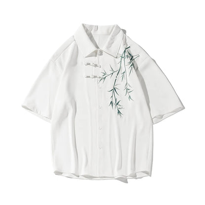 Bamboo Embroidery Shirts Men Summer Male Handsome Chic Fashion Ins High Street Half-sleeve Cool Casual Baggy New Shirt 5XL-M