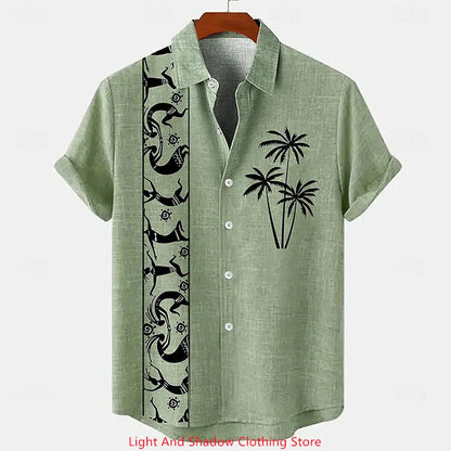Men's ethnic clothing printed short sleeved shirt fashionable Hawaiian vacation party shirt bamboo hemp men's fashionable shirt
