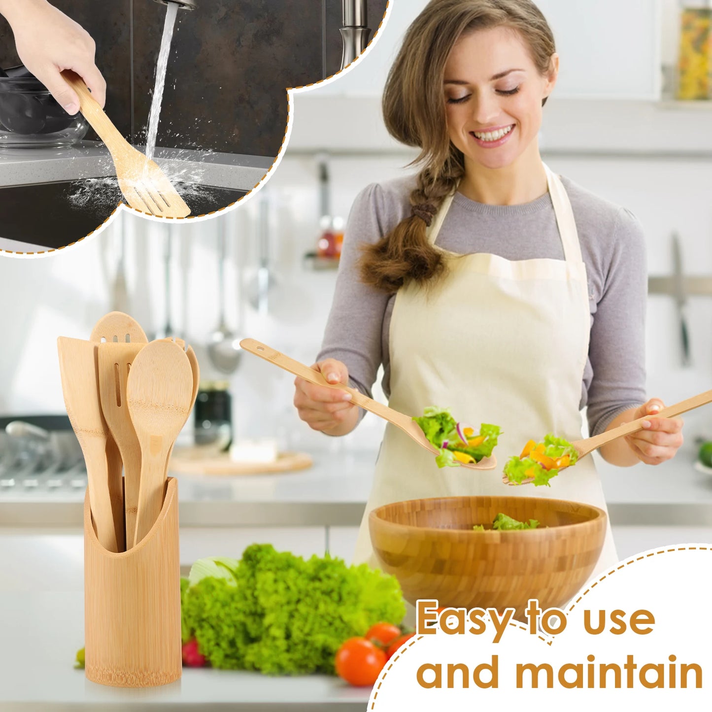 Bamboo Cooking Utensil Set Include Triple Toothed/Round/Slotted Spoon and Slotted/Square/Slanted Spatula with Organizer Bucket
