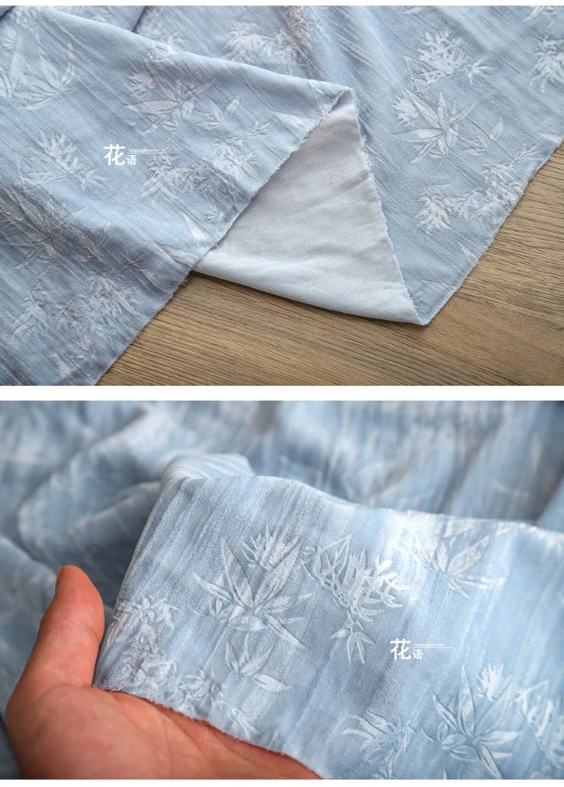 Blue bamboo forest, velvet embossed polyester jacquard cloth, pleated relief Chinese style cheongsam clothing designer fabric