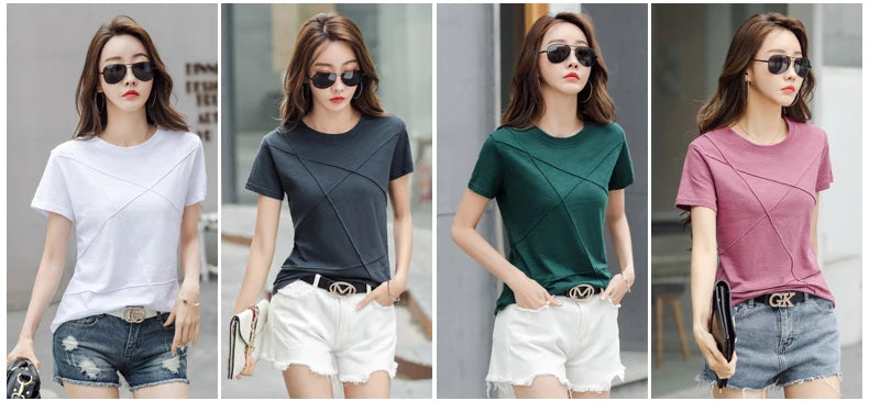 Fashion Spring Summer Slim Bamboo Cotton T-Shirts Women O-Neck Short Sleeve Korean Ribbed T Shirt Female Casual Solid Tops