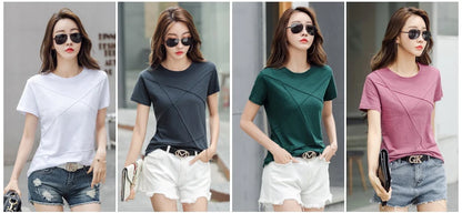 Fashion Spring Summer Slim Bamboo Cotton T-Shirts Women O-Neck Short Sleeve Korean Ribbed T Shirt Female Casual Solid Tops