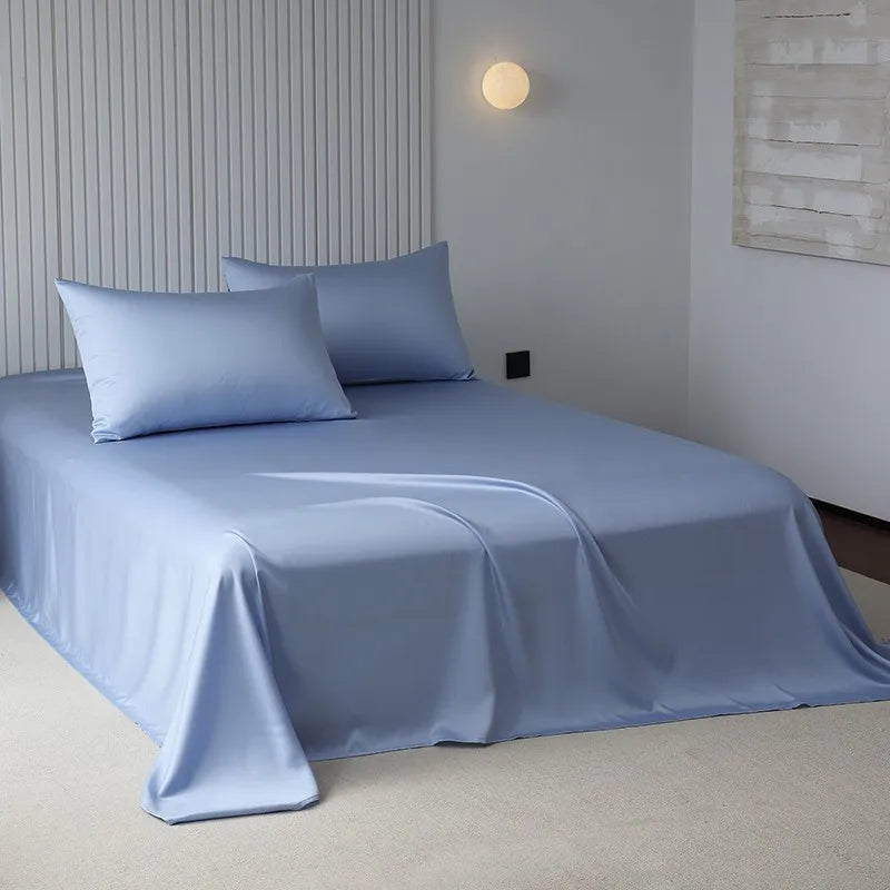 100%Organic Eucalyptus Plain Blue Flat Bed Sheets Lyocell Silky Soft Smooth Breathable Gentle to Skin Pillow shams