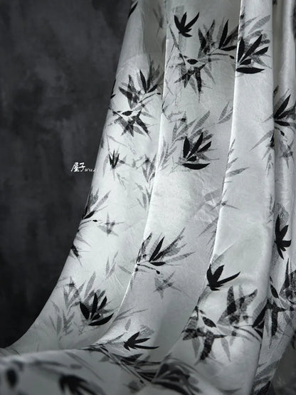 Bamboo Leaf Acetate Silk Printed Fabric New Chinese Fashion High Quality Vertical Womens Dresses Hanfu Pants DIY Design Cloth
