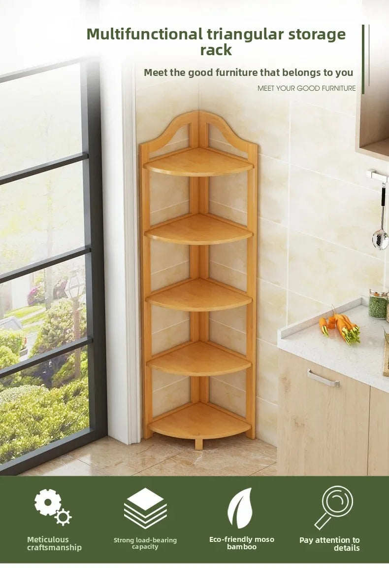 Kitchen Corner Bamboo Rack, Multi-Tier Storage Organizer, Freestanding Bookshelf for Cooking Utensils or Pantry Supplies