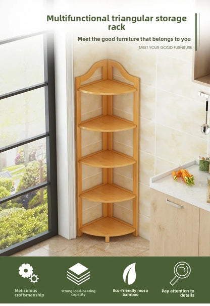 Kitchen Corner Bamboo Rack, Multi-Tier Storage Organizer, Freestanding Bookshelf for Cooking Utensils or Pantry Supplies