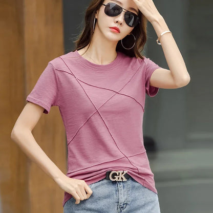 Fashion Spring Summer Slim Bamboo Cotton T-Shirts Women O-Neck Short Sleeve Korean Ribbed T Shirt Female Casual Solid Tops
