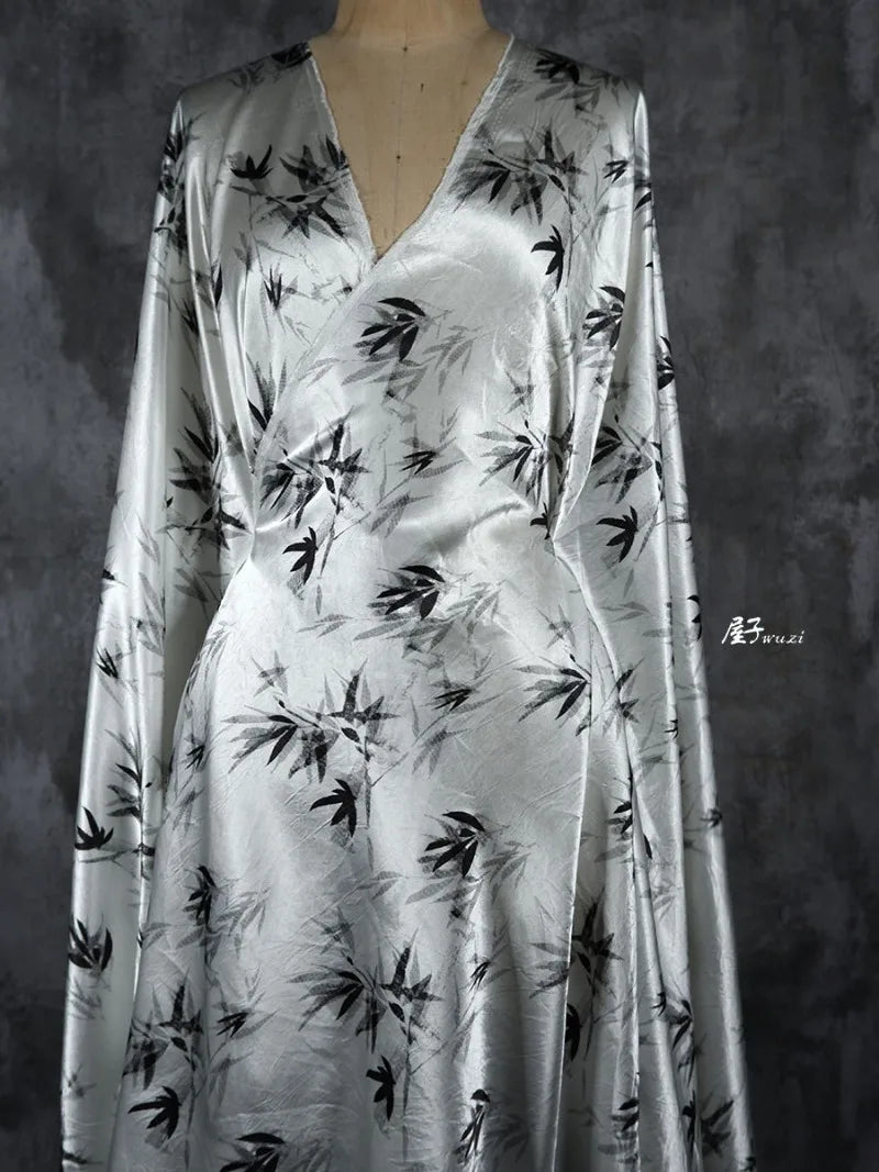 Bamboo Leaf Acetate Silk Printed Fabric New Chinese Fashion High Quality Vertical Womens Dresses Hanfu Pants DIY Design Cloth