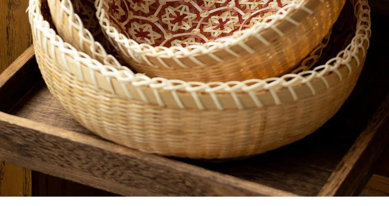 Kitchen Home Use Round Hand Woven Bamboo Storage Basket Rustic Foldable Basket for Fruit Snack Vegetable & Dirty Clothes Frame