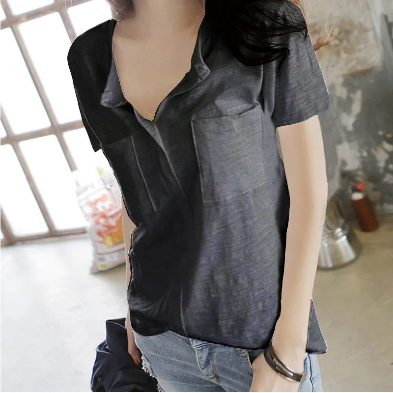 Bamboo Cotton Short Sleeve T Shirt Women Summer V Neck Half Open Neck Solid Color Versatile Top
