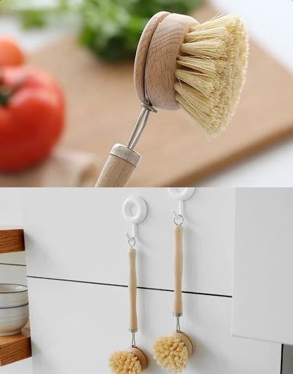 Bamboo Kitchen Cleaning Brush Natural Dishes Pots Pans Sink Washing Brush Eco-friendly Clean Scrubber with Draining Storage Tray
