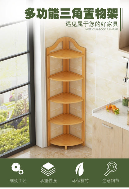 Kitchen Corner Bamboo Rack, Multi-Tier Storage Organizer, Freestanding Bookshelf for Cooking Utensils or Pantry Supplies