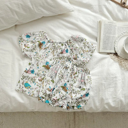 Summer Bamboo Cotton Breathable Kids Girls 2pcs Suit Full Print Cartoon Print T-shirt and Shorts Cool Girls Sets Clothing