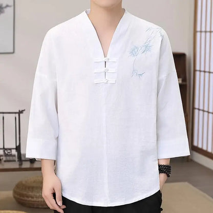 Men's Stylish Loose-Fit Bamboo Leaf Embroidered Zen Robe Traditional Chinese Kung Fu Meditation Breathable Elegant Clothing