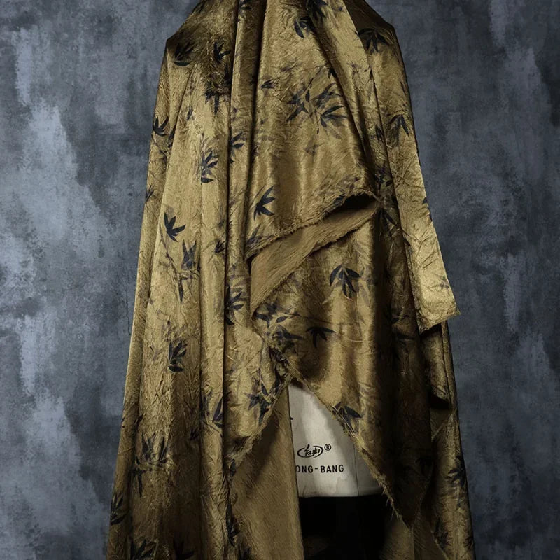 Bamboo Leaf Acetate Silk Printed Fabric New Chinese Fashion High Quality Vertical Womens Dresses Hanfu Pants DIY Design Cloth