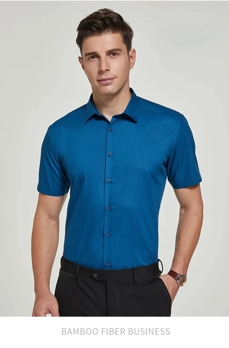 Bamboo Fiber Men Short Stretch Solid Dress Shirts Regular Fit Formal Business Social Camisas Short Sleeve Bamboo Fiber