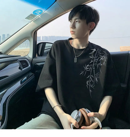 Men's Oversized Bamboo T-shirt Loose Printed Tops Cotton Tshirts Breathable Casual Short Sleeve Tees Streetwear Men Clothing